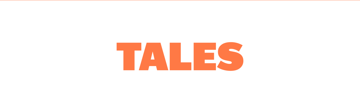 Text graphic displaying the word 'TALES' in orange on a white background.