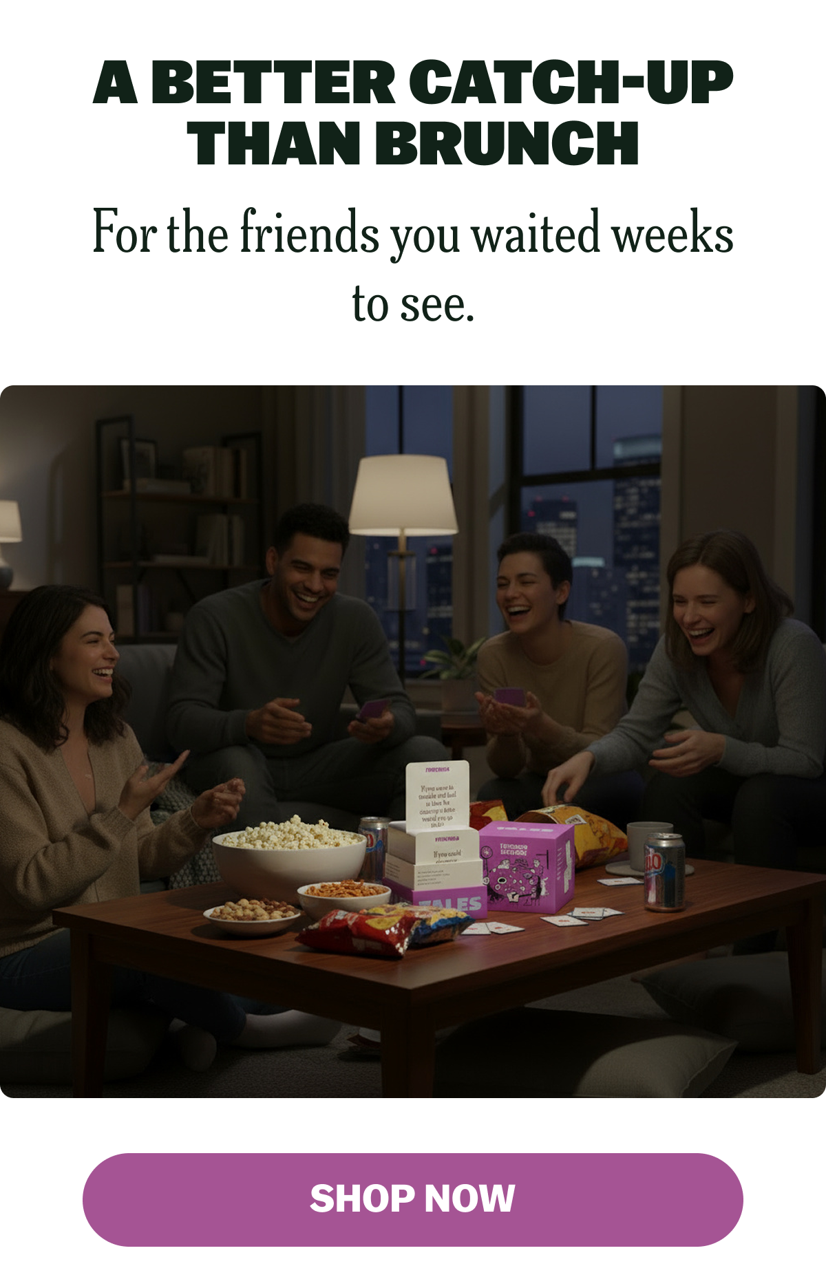 Friends enjoying snacks and games together in a cozy living room.