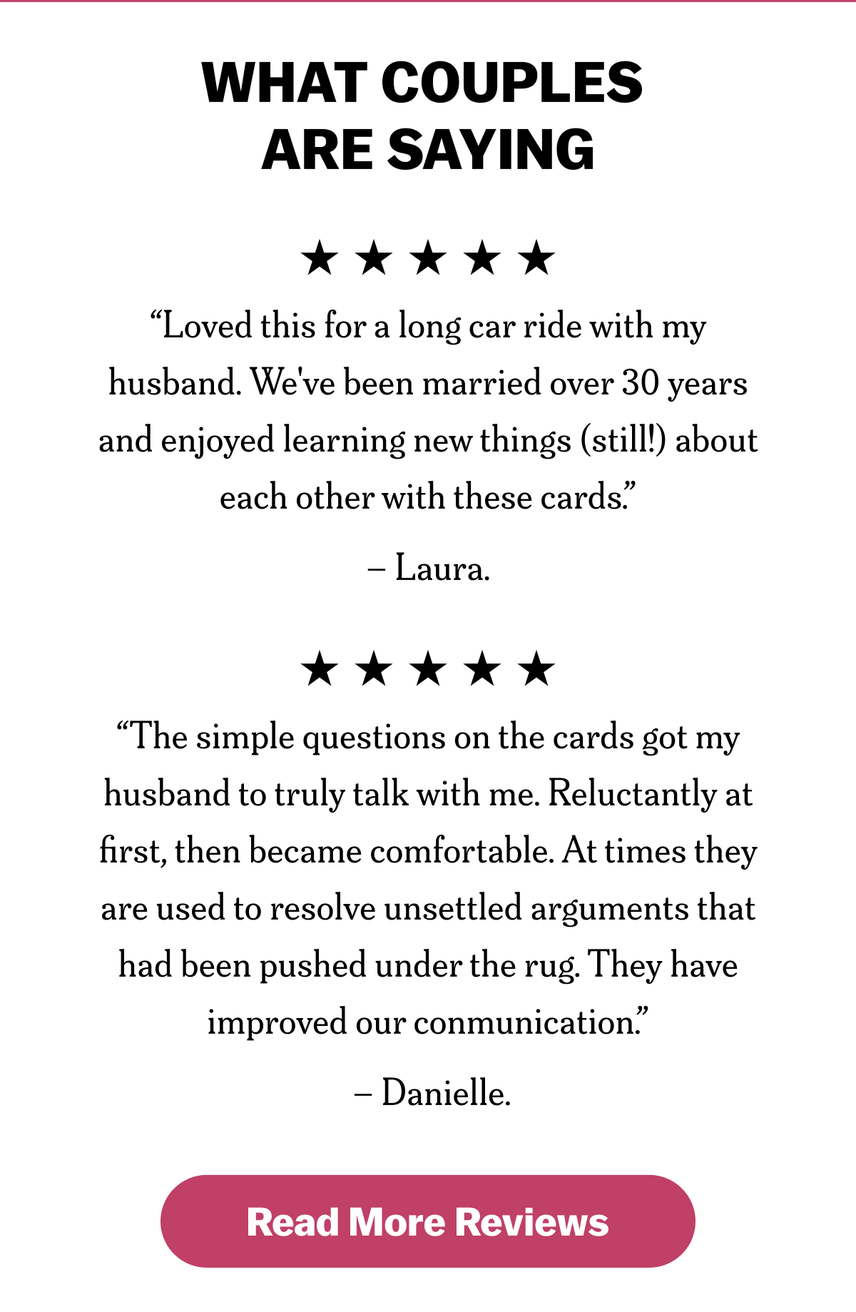 WHAT COUPLES ARE SAYING Loved this for a long car ride with my husband. We've been married over 30 years and enjoyed learning