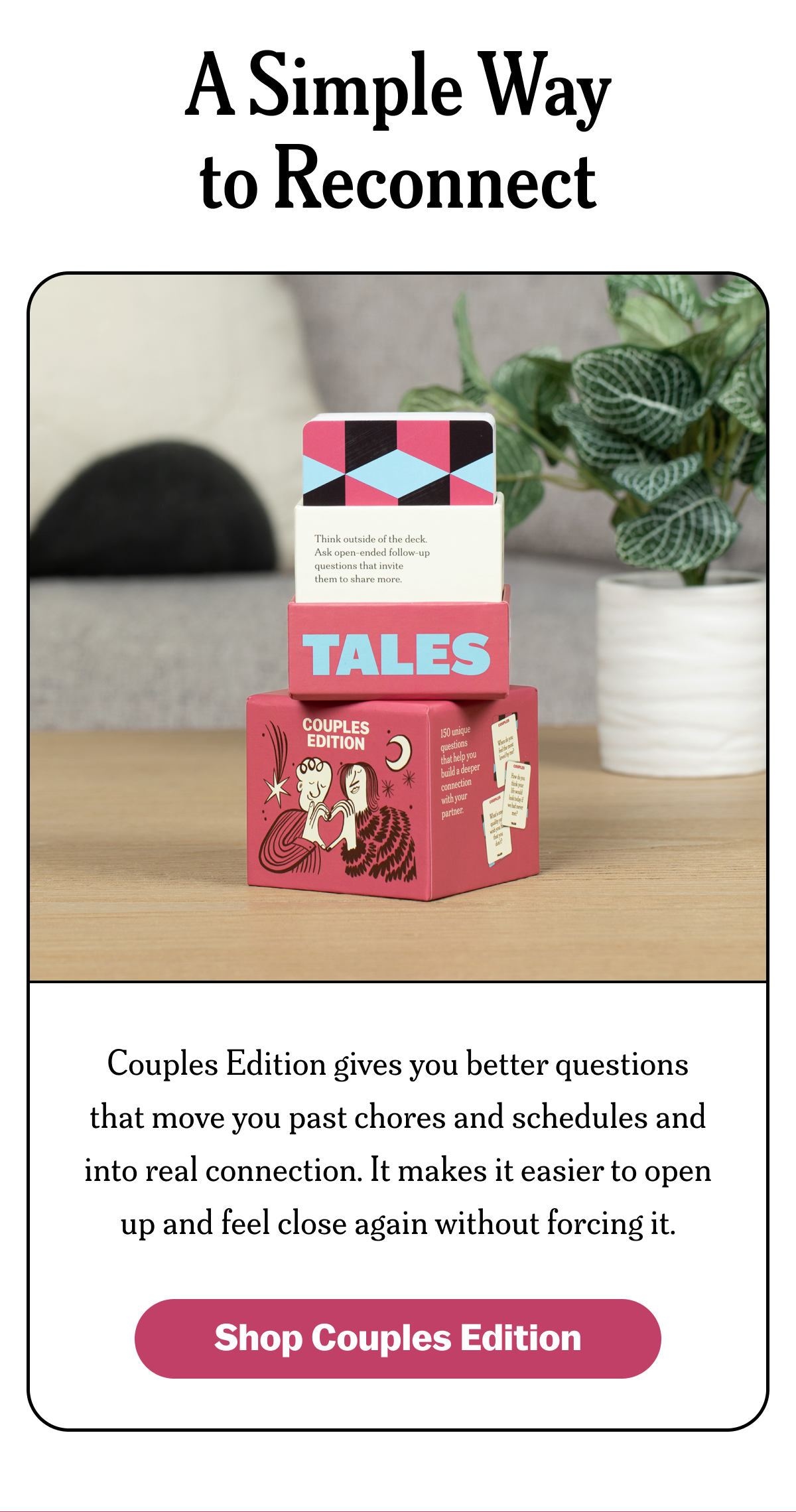 A box titled 'Tales Couples Edition' with text about reconnecting through questions.