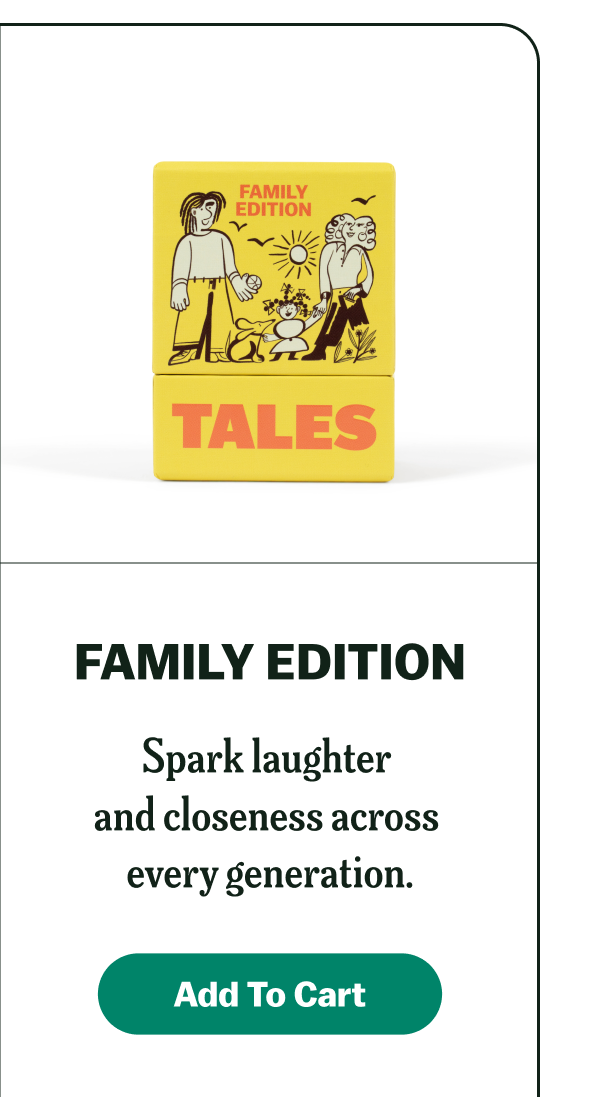 A yellow box labeled 'Family Edition Tales' with illustrations of a family and a dog.