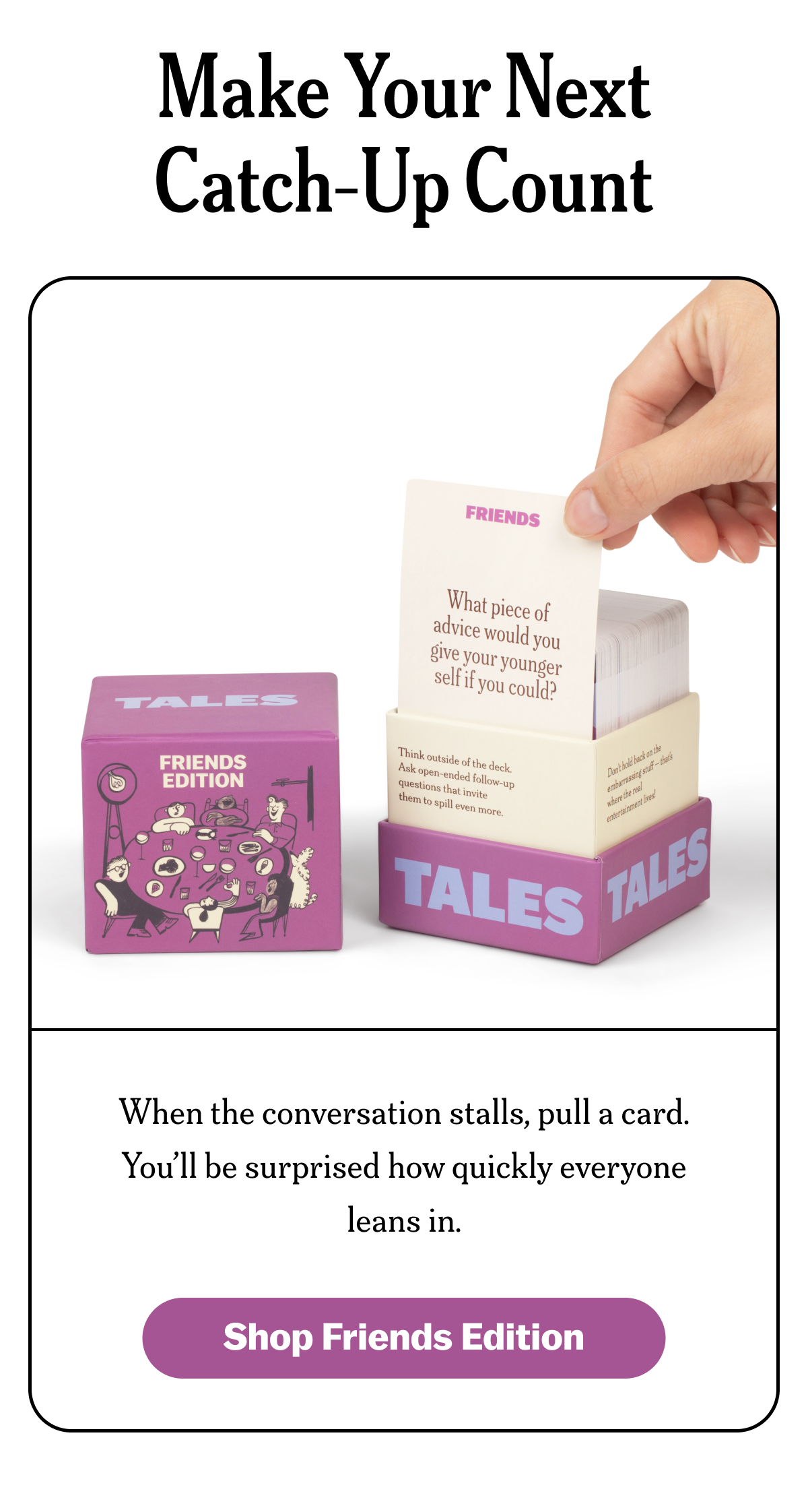 A card game box labeled 'Friends Edition' with a hand pulling a card.