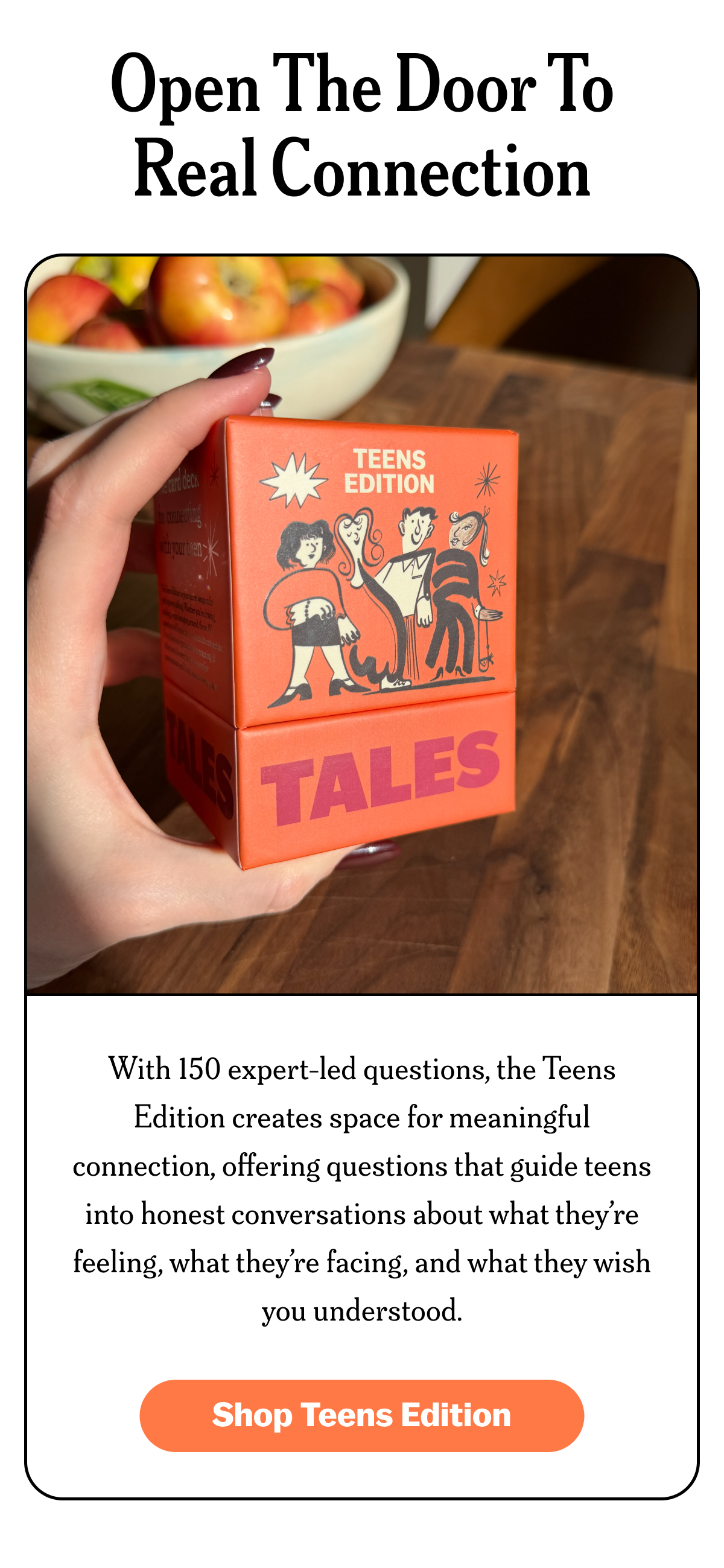 A hand holding a box labeled 'Tales: Teens Edition' with a description of its purpose.