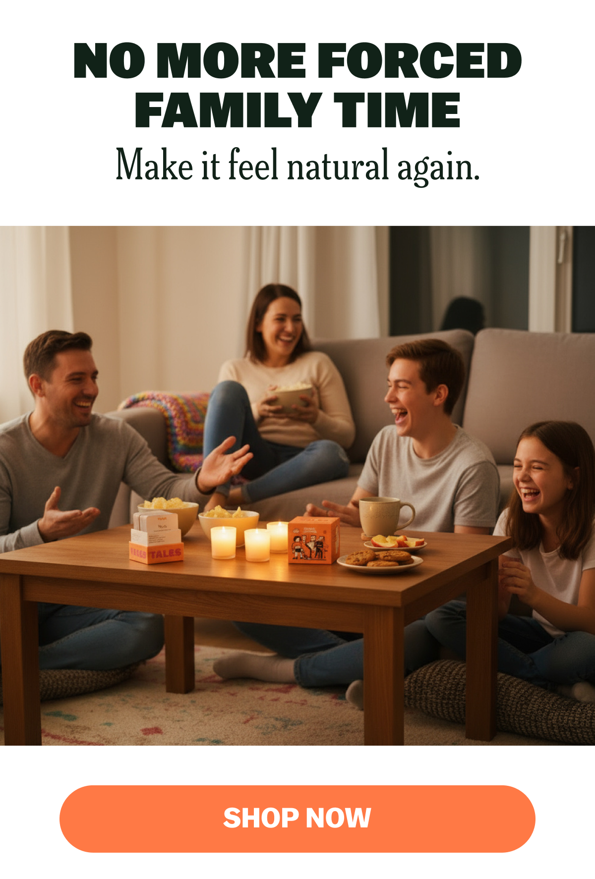 Group of people enjoying time together around a table with snacks and candles.