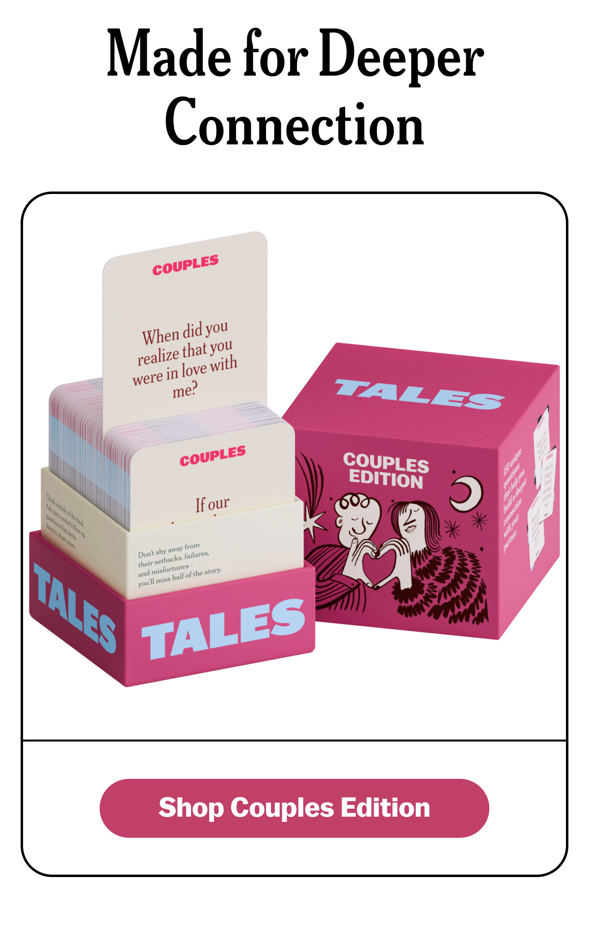 A box of 'Tales' cards for couples with a question about love.