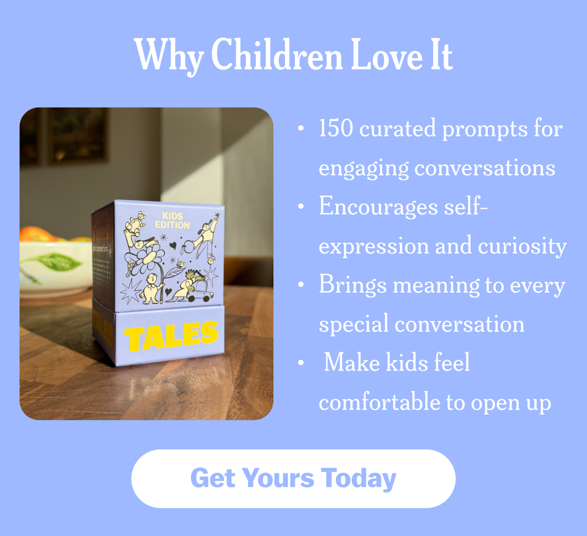 Promotional image for a kids' conversation prompt card set.