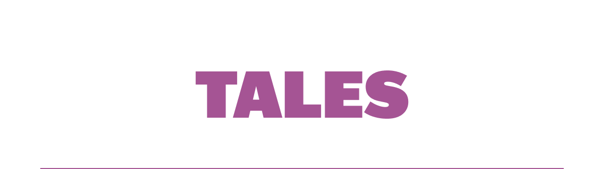 Text reads: TALES in bold purple letters on a white background.