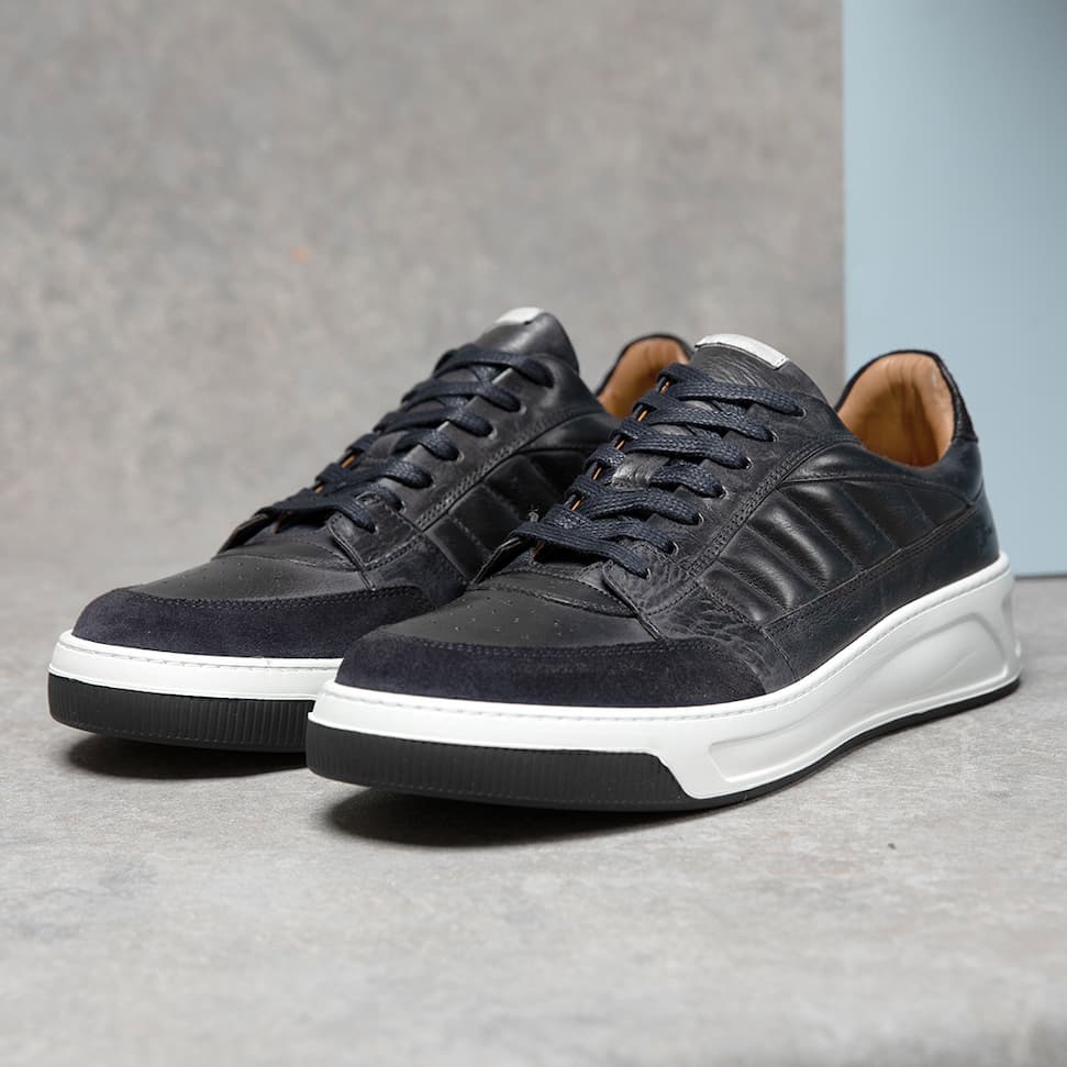 boticas navy calf leather and suede trainers