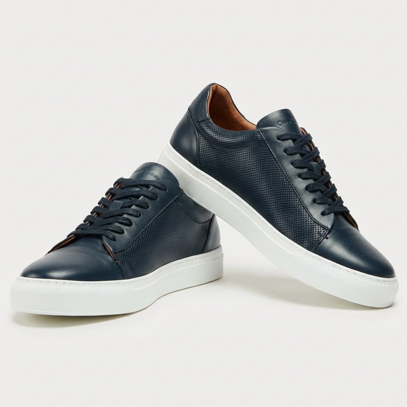 Almada Navy Perforated Calf Leather Cupsole Trainers