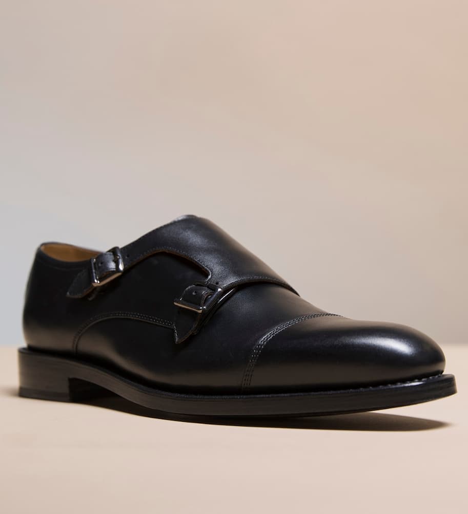 Kersey Black Antiqued Calf Leather Double Monk Shoes