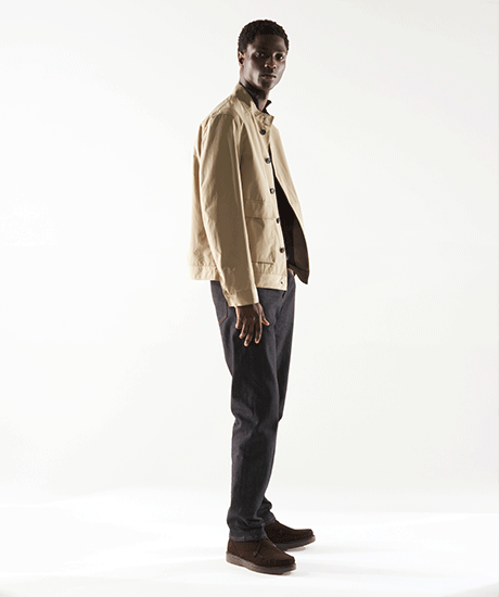 model wearing highworth stone showerproof cotton jacket