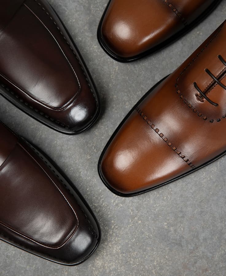 hand antiqued calf leather formal loafers, oxfords and derby shoes