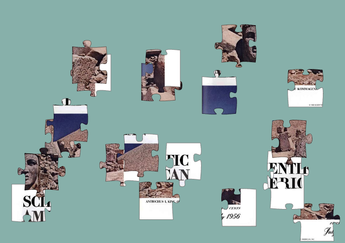 Black, white and beige puzzle pieces scattered on a green background