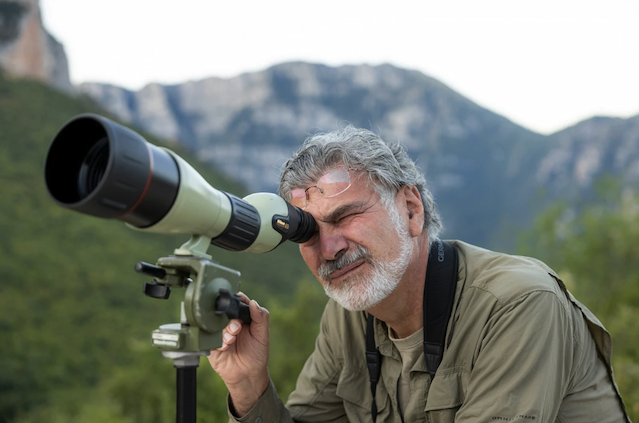 A scientist in a field shirt peers into a spotting scope.