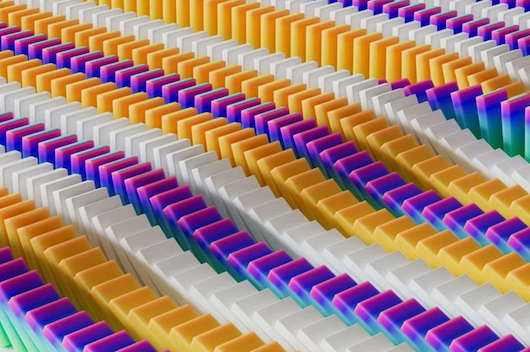 Rows and rows of multicolor dominoes in a state of falling