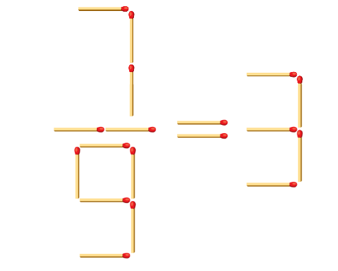 Eighteen matchsticks arranged to read as the equation: 7/9=3