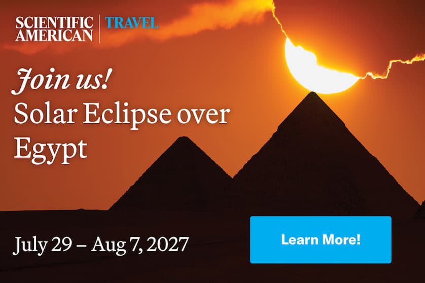An ad showing a sun setting over two pyramids against an orange sky.