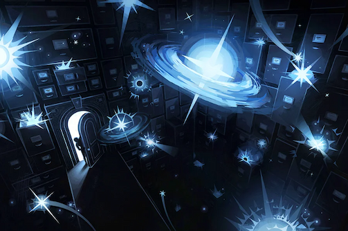 Illustration of a person peeking into a dark room lined with cabinets from floor to ceiling. Stars and bursts of light appear and disappear.