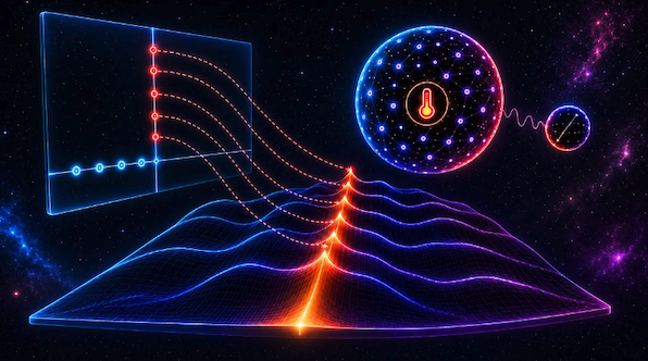 Wavelike purple waves emerging from a graph form a landscape against a black background. A ball of purple dots at the top right is connected to a graphic of an atom by a squiggly line.