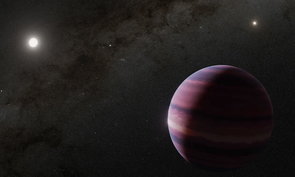 In this concept, Alpha Centauri A is depicted at the upper left of the planet, while the other Sun-like star in the system, Alpha Centauri B, is at the upper right. Our Sun is shown as a small dot of light between those two stars
