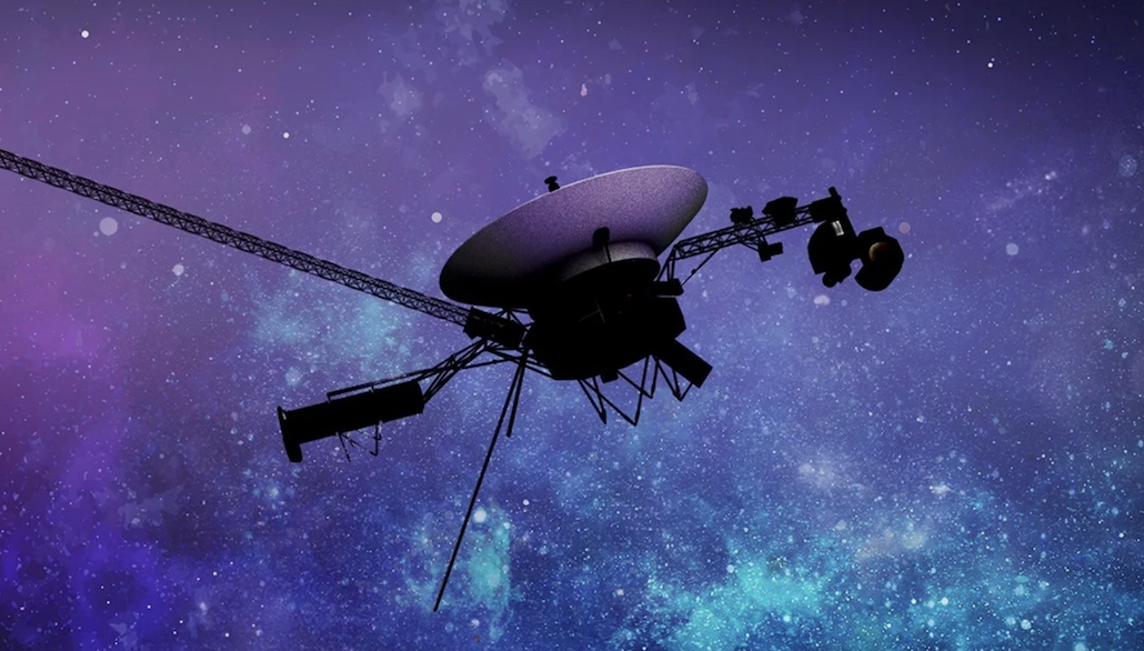 Silhouette of a spacecraft with a large dish antenna against a purple and blue star-filled space background.