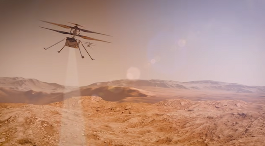 An artist's concept of a a helicopter hovering over the surface of Mars.