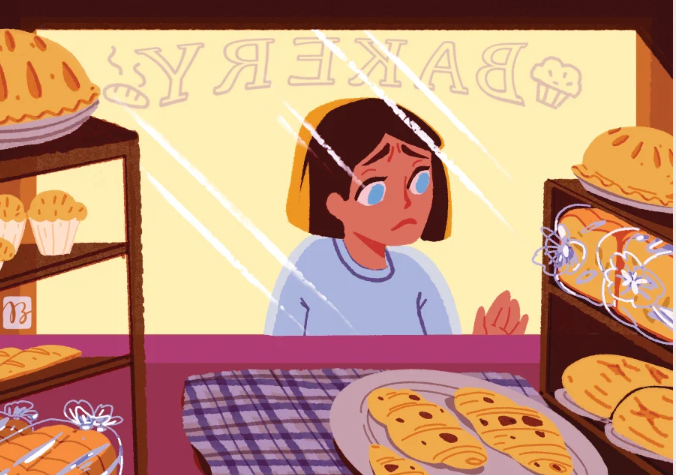 Illustration of a woman with a forlorn face looking into bakery window