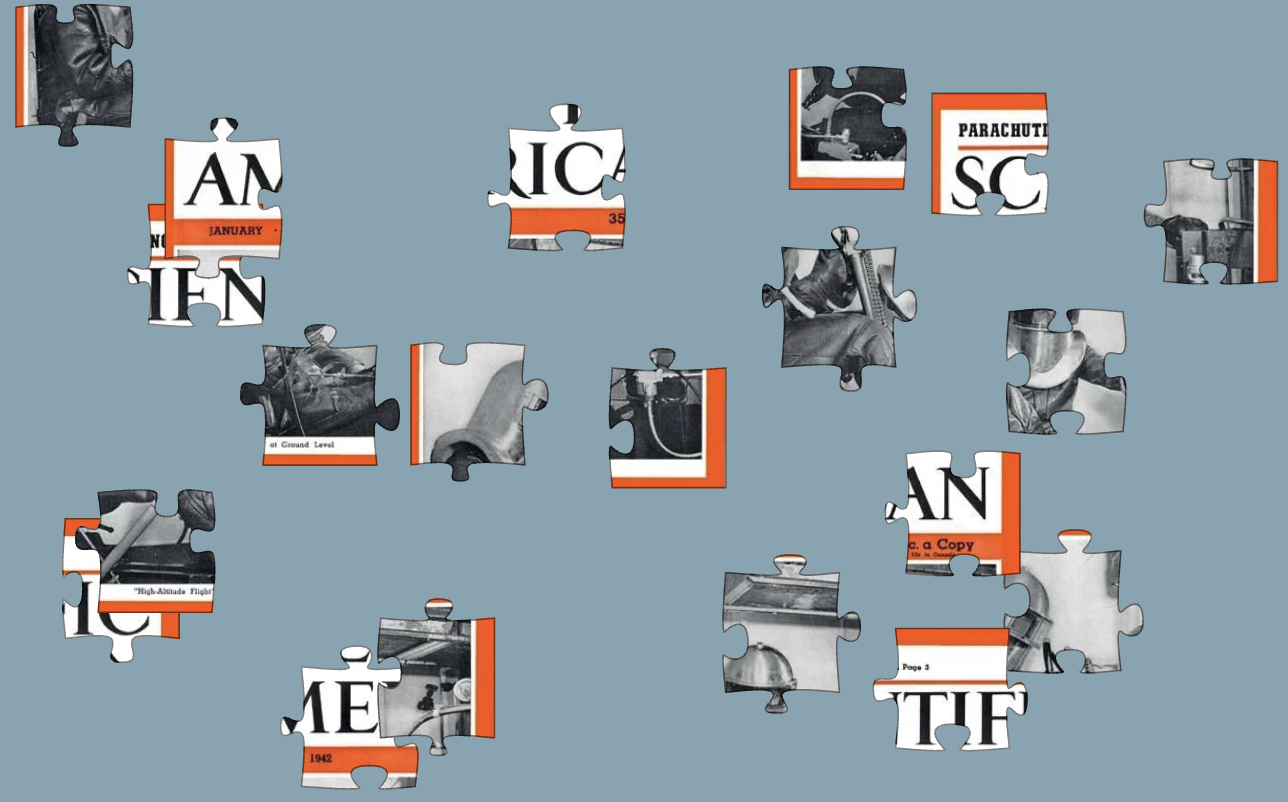 Red, black, white and gray puzzle pieces scattered on a gray background