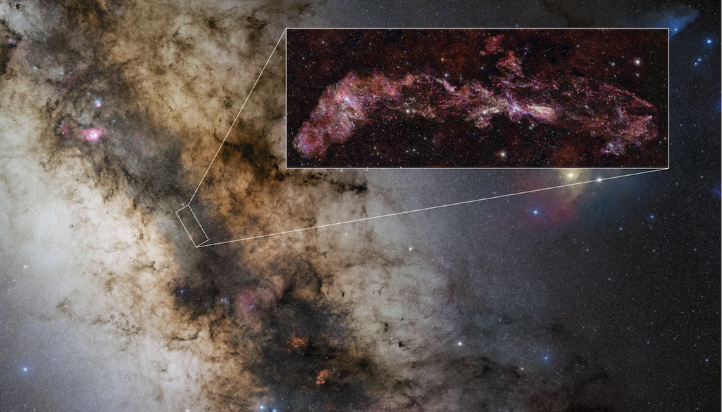 An image of the Milky Way, with a small portion of it zoomed in that looks like an intricate red smear