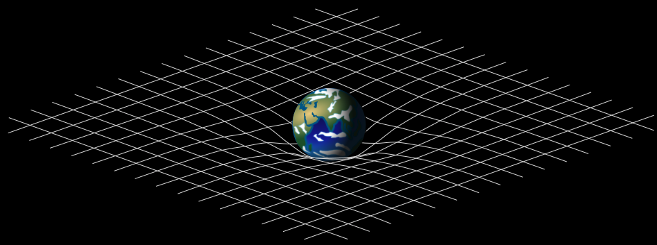 Illustration of Earth resting on a grid that curves downward beneath it, representing the warping of spacetime by gravity.