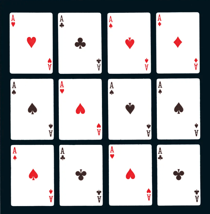 12 playing cards, all aces, from the different suits