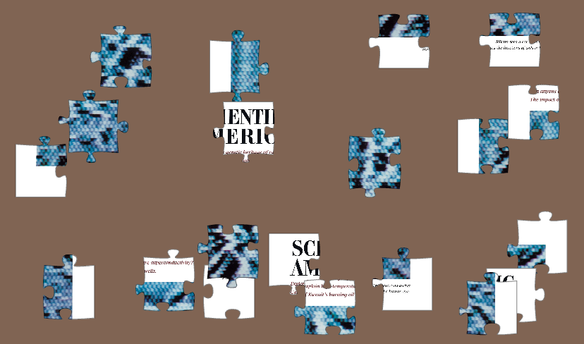 Blue, white and black puzzle pieces scattered on a brown background.