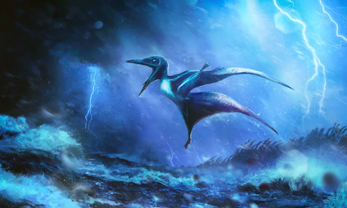 Illustration of a baby pterosaur, mouth open, limbs spread, in flight, with blue, purple, black-colored stormy background.