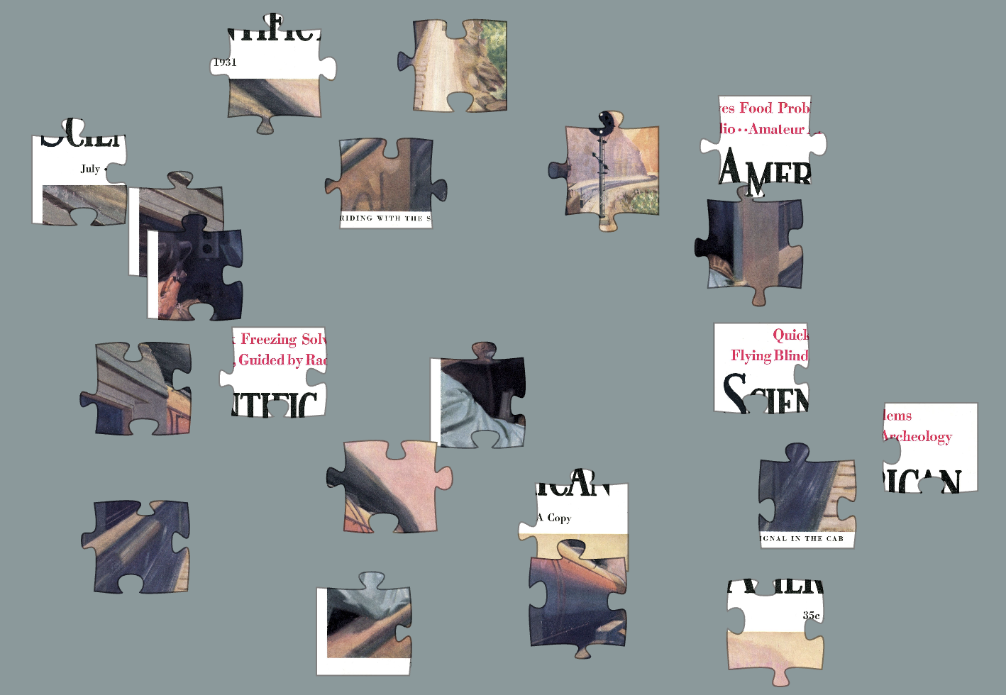 Multicolored puzzle pieces scattered on a blue-gray background.