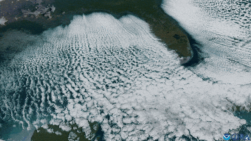 GIF of lines of clouds streaming south off the coast of Florida.