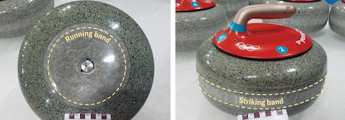 On the left the bottom of a curling stone with a circle indicating the running surface and on the right a side view of a curling stone indicating the running band