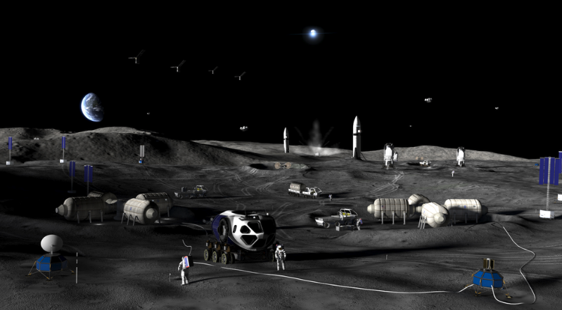 An illustration showing a potential colony on the moon that includes rovers, solar panels, a rocket launch panel, and astronauts in suits