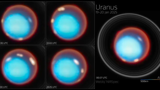 A time-lapse view of the planet Uranus, showing five sequential images of the planet to reveal its changing auroras.