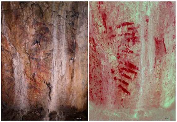 Two images of red paint on cave wall. Image on right shows vivid red strreaks.