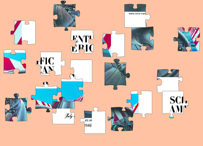 Multi-colored puzzle pieces scattered on a peach background.