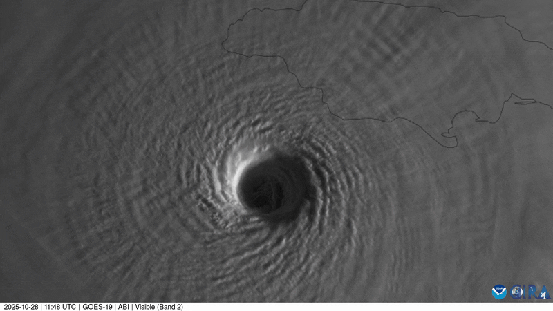 Swirling cyclone of hurricane Melissa