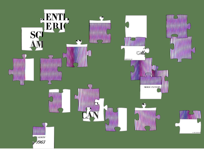 Black, white and purple puzzle pieces scattered on a green background