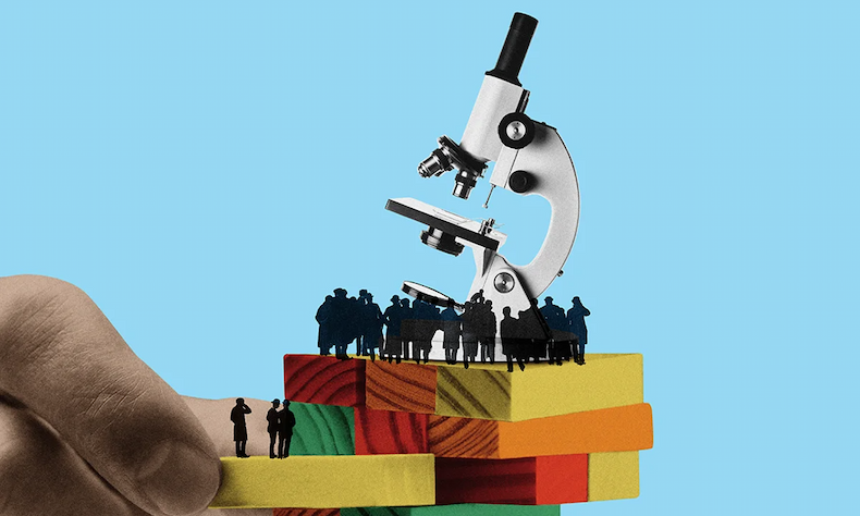 Hand holding microscope surrounded by tiny human figures