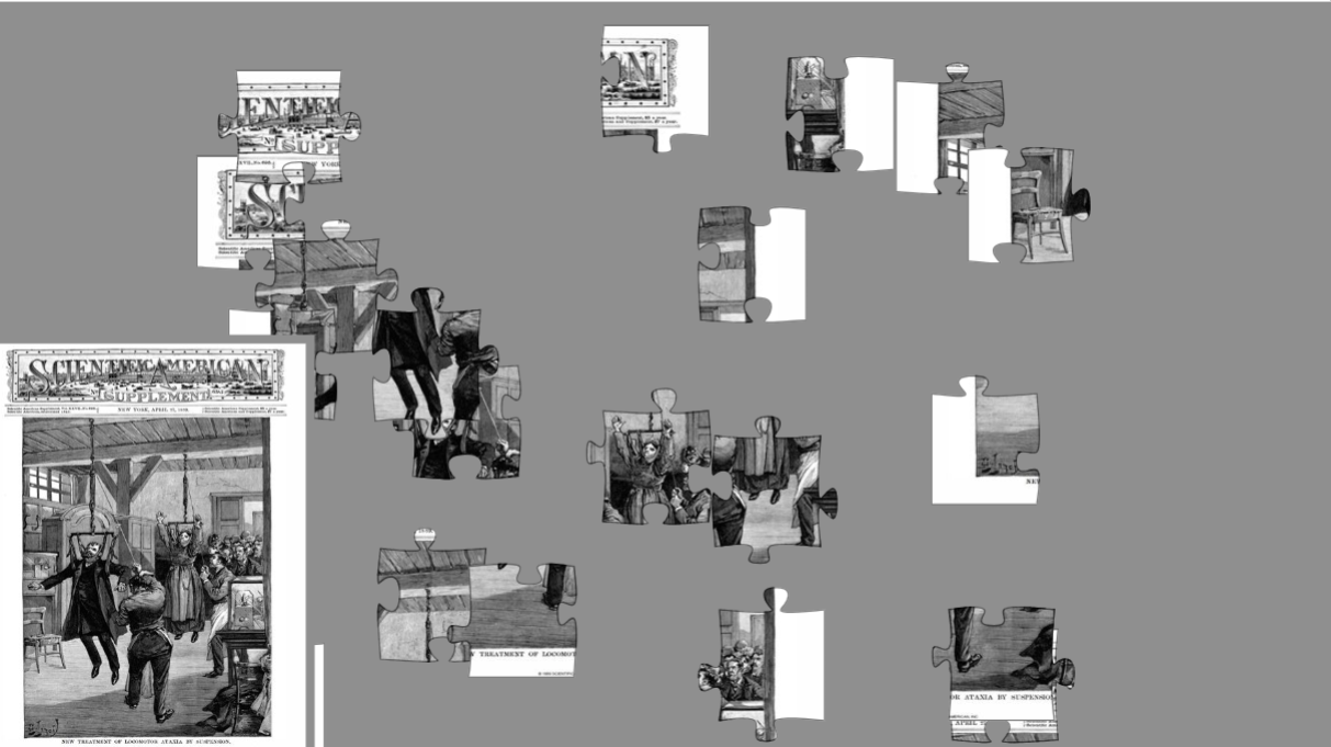 Some puzzle pieces bearing pieces of the same image on a small image showing an April 27, 1889 Scientific American magazine supplement cover