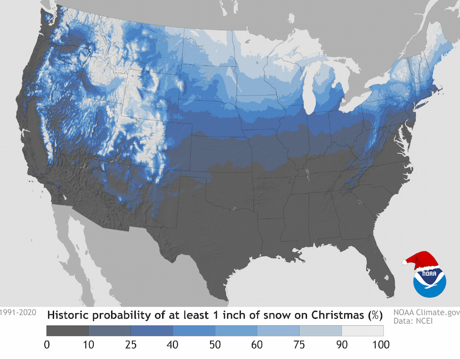 U.S. map uses color coding to show the percentage probability of at least one inch of snow on Christmas throughout the contiguous 48 states based on data from 1991 to 2020.