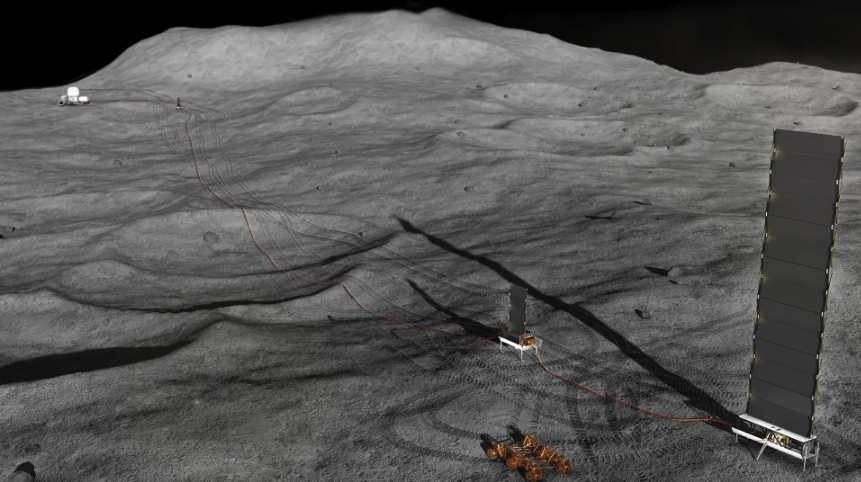 A concept illustration showing NASA's Fission Surface Power Project on the moon