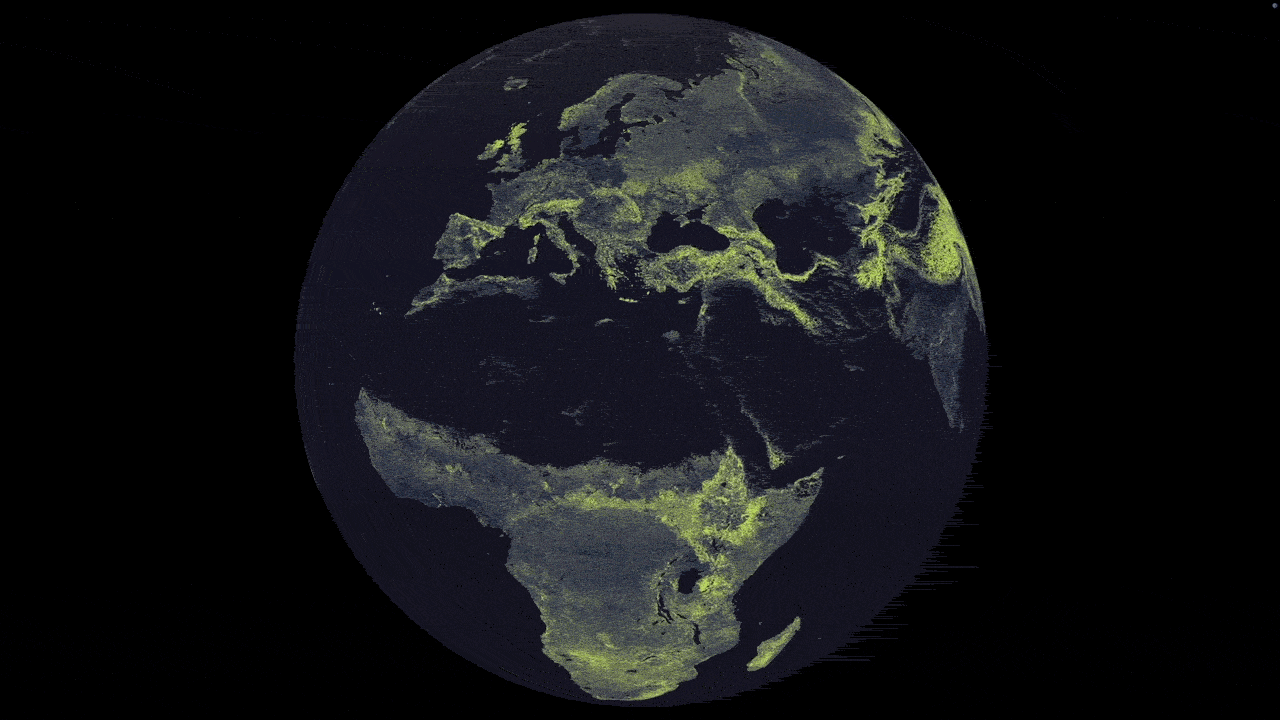 A GIF showing a rotating globe, with neon green networks, representing arbuscular mycorrhizal fungi.