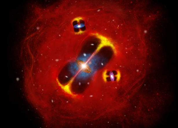 Artist's impression of a forming galaxy cluster in the early universe: radio jets from active galaxies are embedded in a hot intracluster atmosphere (red), illustrating a large thermal reservoir of gas in the nascent cluster.