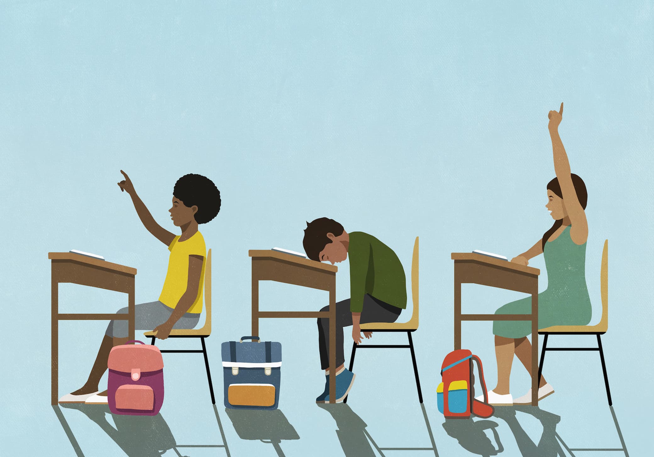 Illustration, three students in profile sitting at school desks. Children at left and right of frame are confident and raising their hands, child in the middle has head down on desk