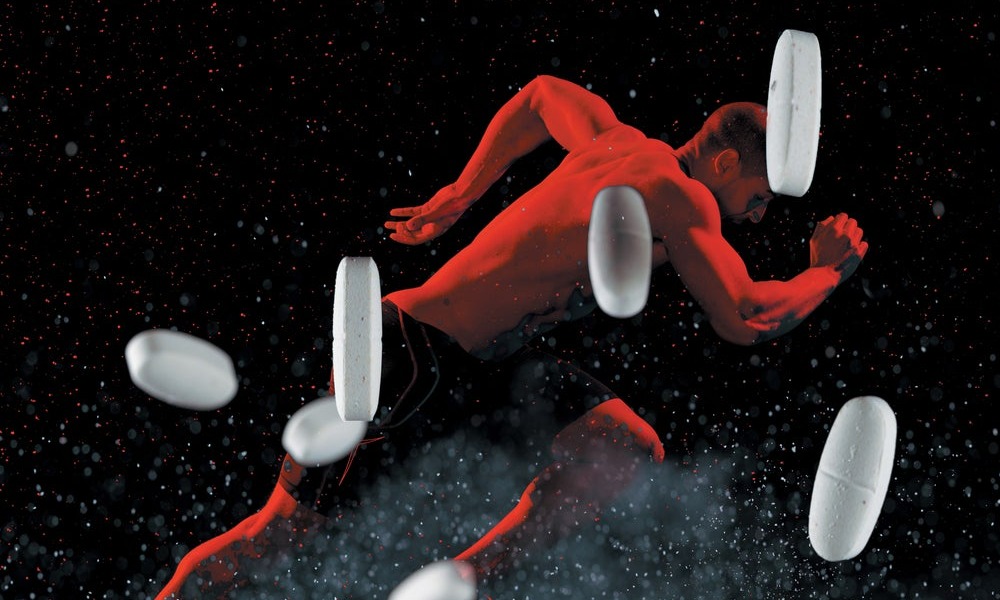 Running man with raining pills in foreground